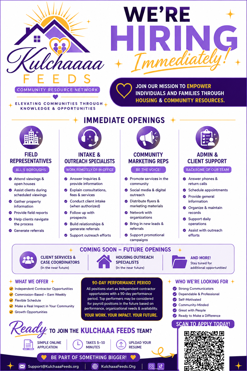 Kulchaaa Feeds We're Hiring flyer listing immediate openings